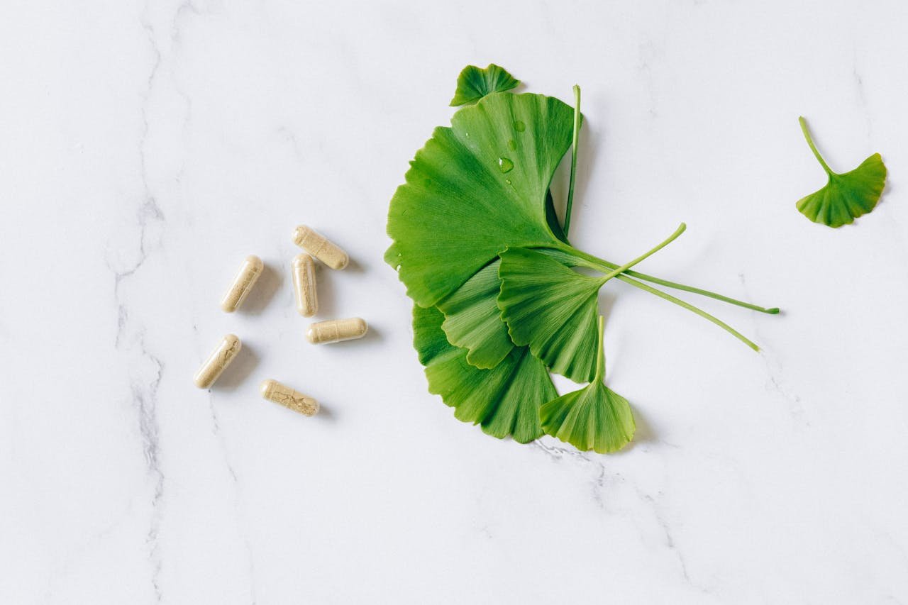 Ginkgo biloba leaves and herbal capsules on a marble texture background.